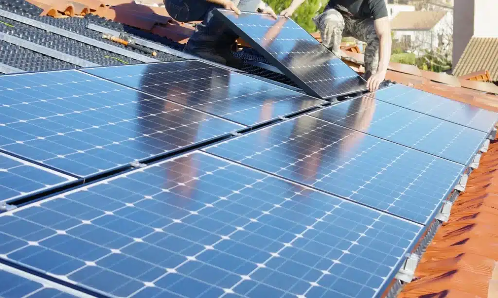 Pose minutieuse de panneaux solaires sur un toit en tuiles par un professionnel.