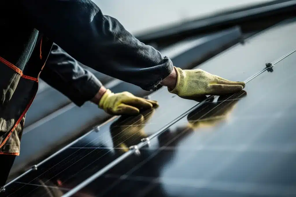 Technicien vérifiant la surface des panneaux solaires pour une maintenance optimale.