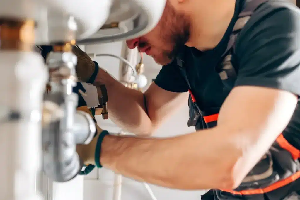 Plombier inspectant un système de plomberie pour localiser une fuite d'eau dans une installation intérieure.